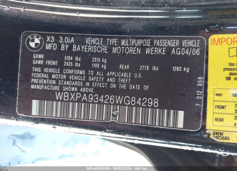 2006 BMW X3 3.0I VIN: WBXPA93426WG84298