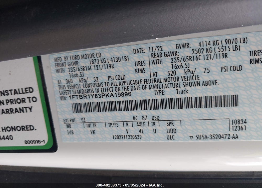 2023 FORD TRANSIT-250 VIN: 1FTBR1Y83PKA19896