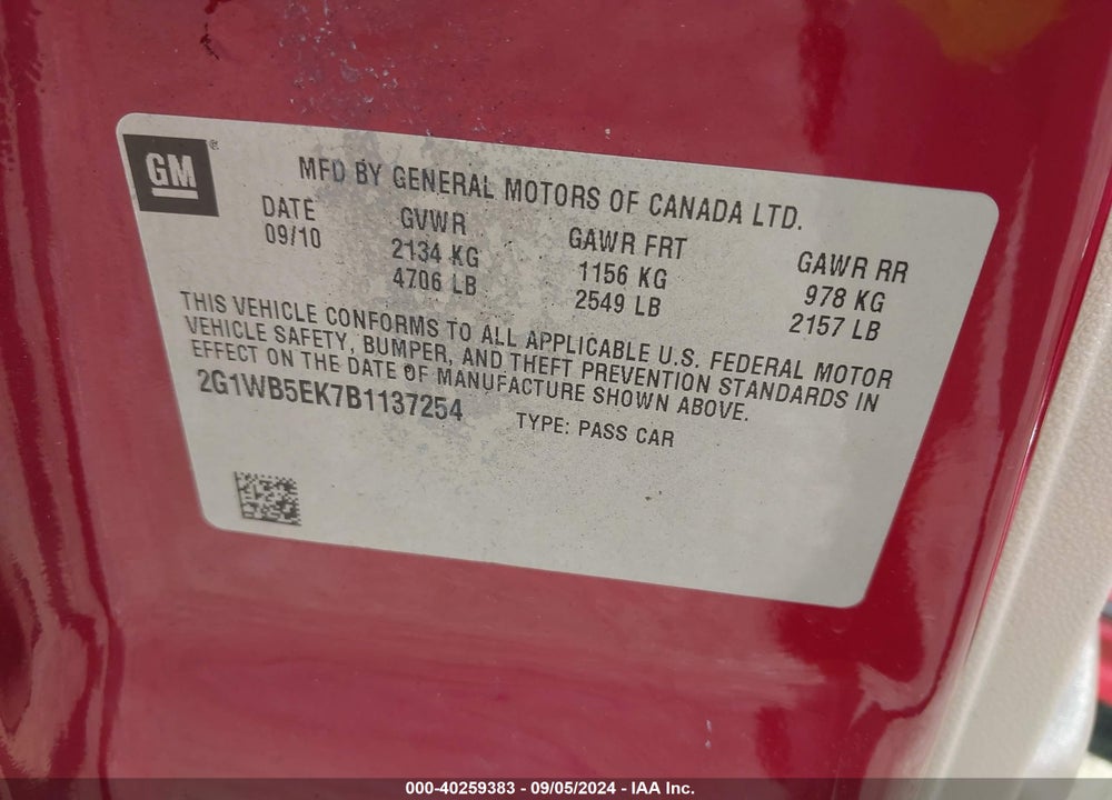 2011 CHEVROLET IMPALA LT VIN: 2G1WB5EK7B1137254