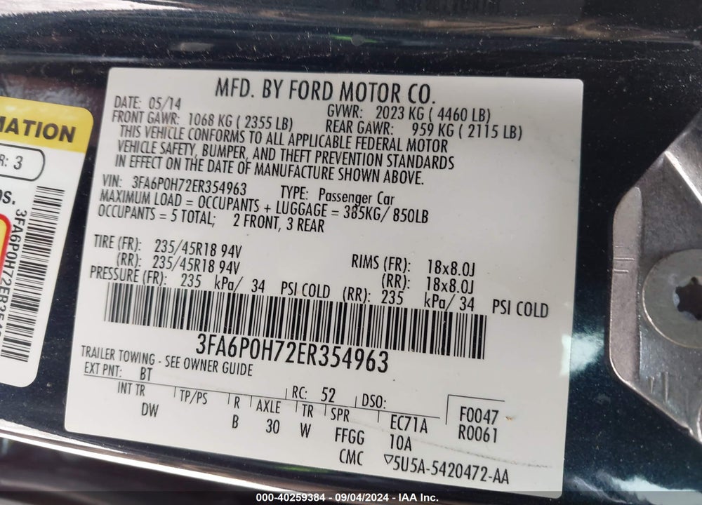 2014 FORD FUSION SE VIN: 3FA6P0H72ER354963