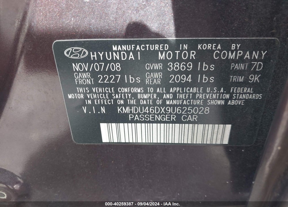 2009 HYUNDAI ELANTRA VIN: KMHDU46DX9U625028