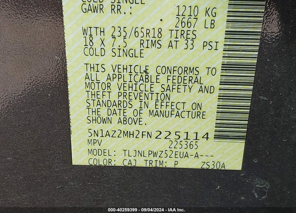 2015 NISSAN MURANO S VIN: 5N1AZ2MH2FN225114