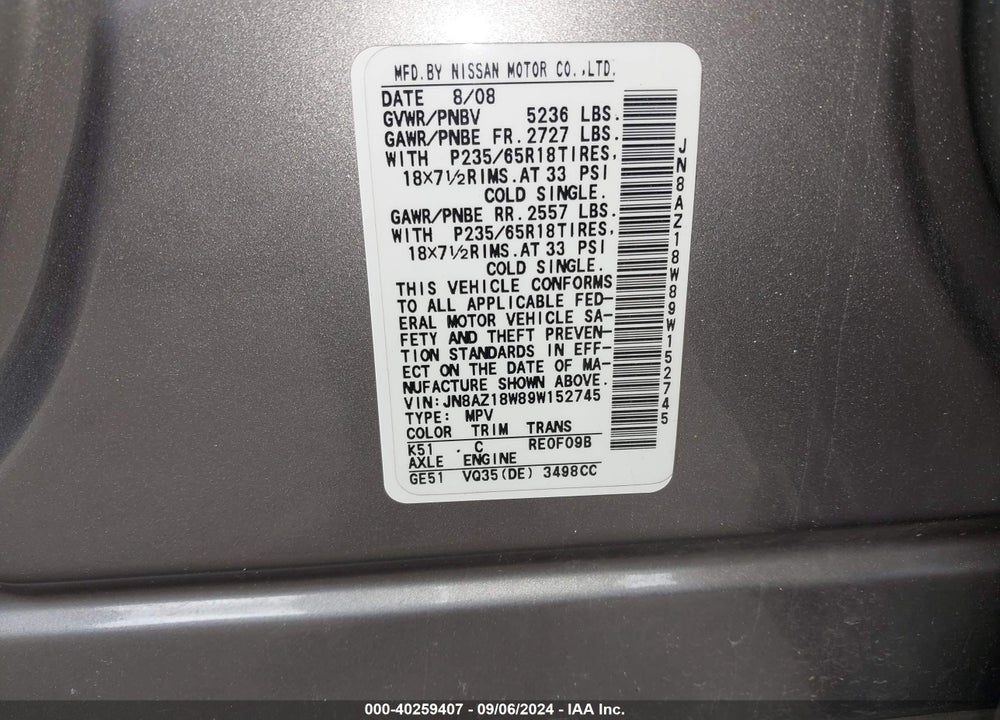 2009 NISSAN MURANO SL VIN: JN8AZ18W89W152745