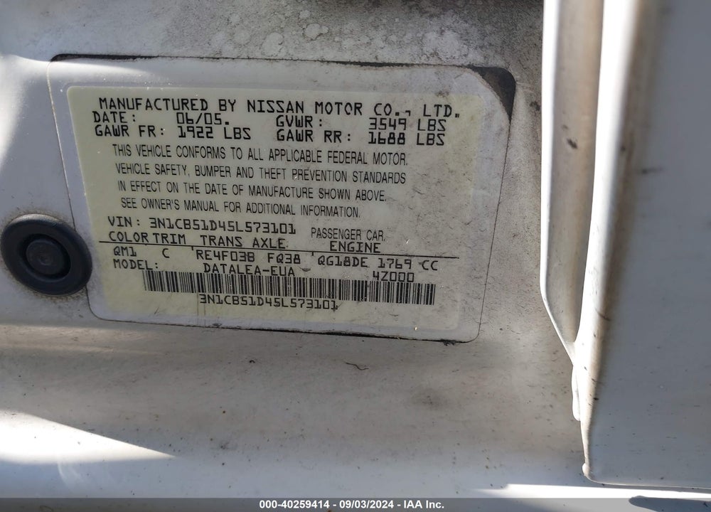 2005 NISSAN SENTRA 1.8S VIN: 3N1CB51D45L573101