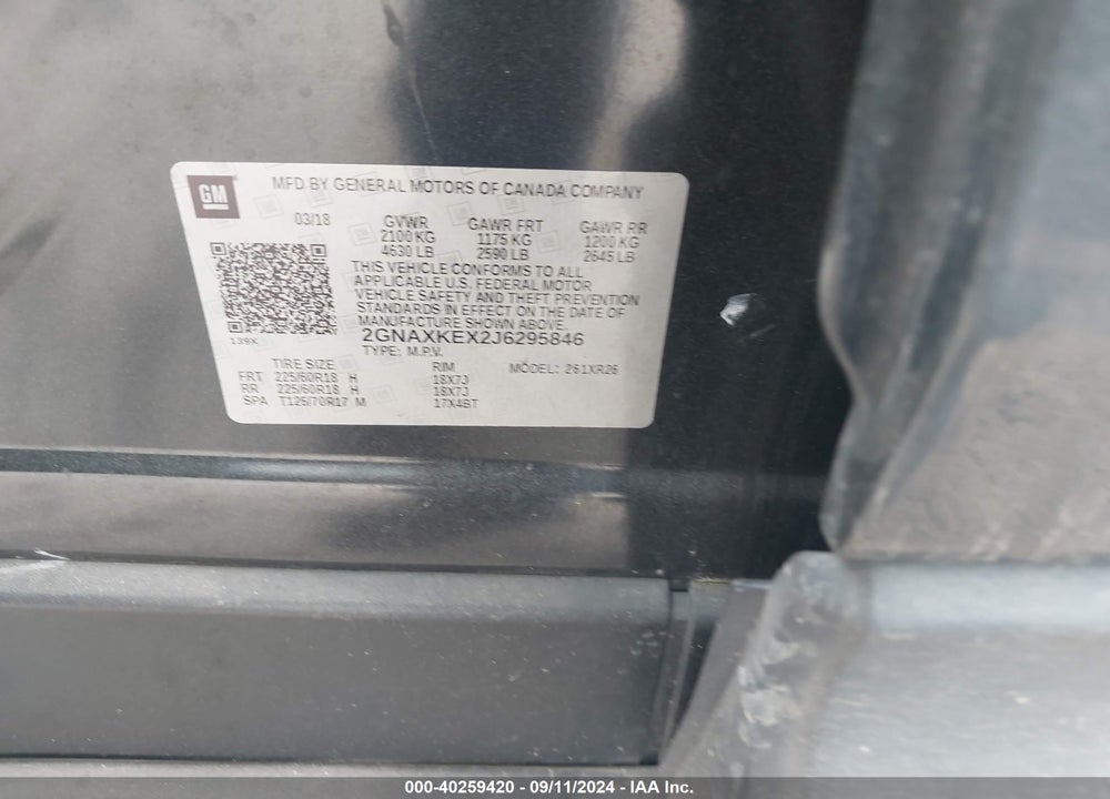 2018 CHEVROLET EQUINOX LT VIN: 2GNAXKEX2J6295846