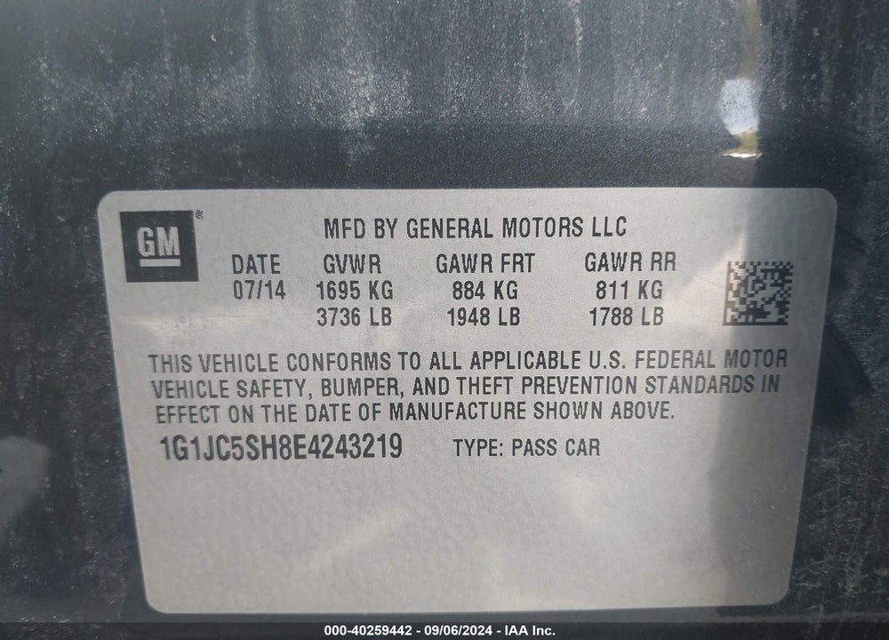 2014 CHEVROLET SONIC LT AUTO VIN: 1G1JC5SH8E4243219