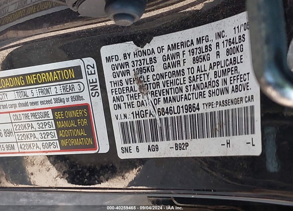 2006 HONDA CIVIC EX VIN: 1HGFA16846L019864