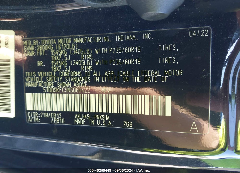 2022 TOYOTA SIENNA XSE VIN: 5TDDSKFC9NS060422