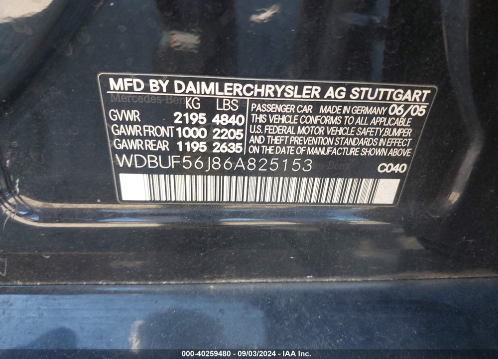 2006 MERCEDES-BENZ E 350 VIN: WDBUF56J86A825153