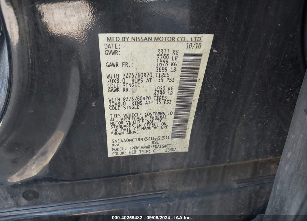 2011 NISSAN ARMADA PLATINUM VIN: 5N1AA0NE1BN606530