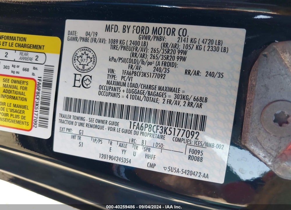 2019 FORD MUSTANG GT PREMIUM VIN: 1FA6P8CF3K5177092