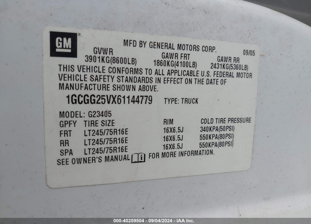 2006 CHEVROLET EXPRESS WORK VAN VIN: 1GCGG25VX61144779