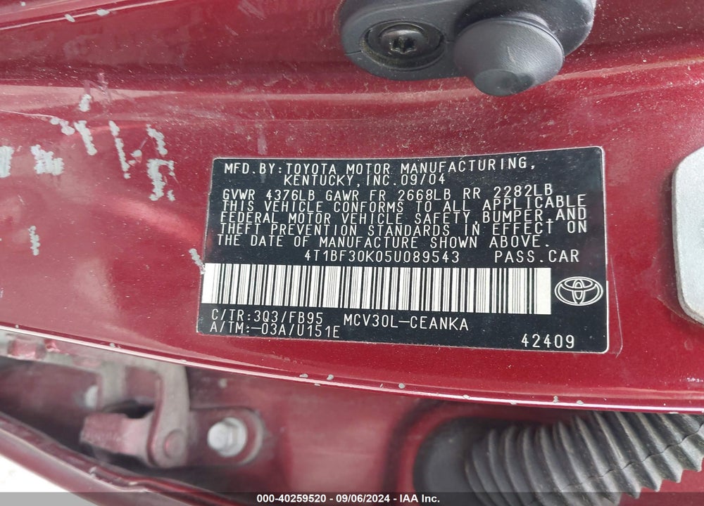 2005 TOYOTA CAMRY LE V6 VIN: 4T1BF30K05U089543