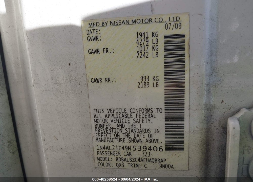 2009 NISSAN ALTIMA 2.5 S VIN: 1N4AL21E49N539406