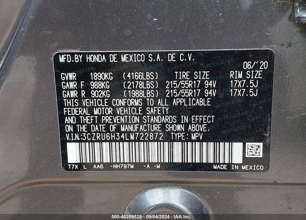 2020 HONDA HR-V AWD LX VIN: 3CZRU6H34LM722872