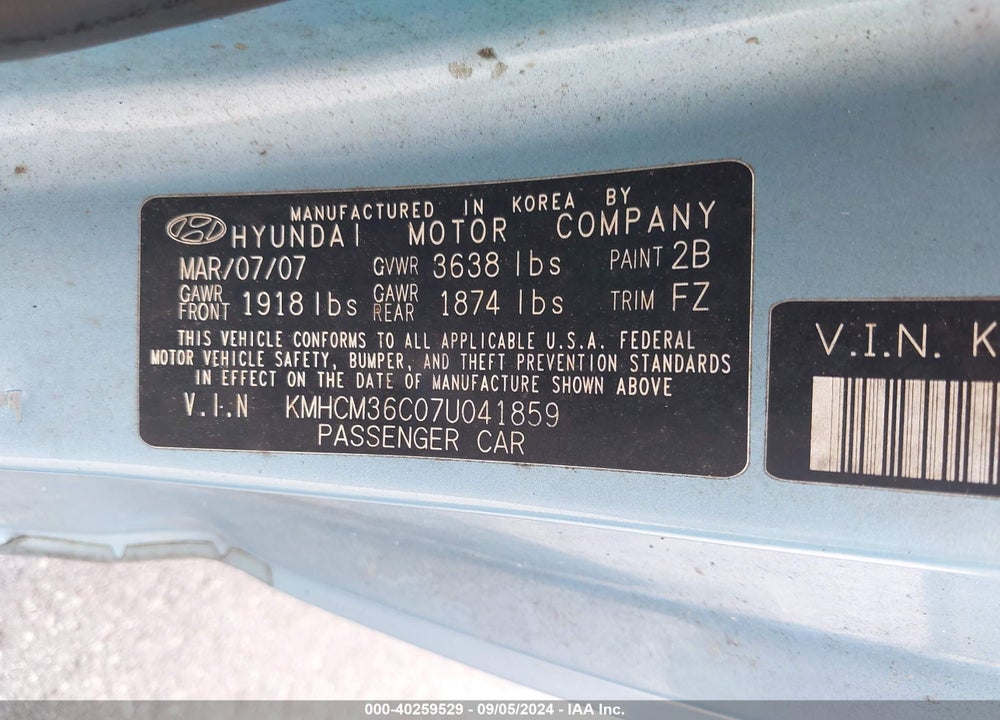 2007 HYUNDAI ACCENT GS VIN: KMHCM36C07U041859
