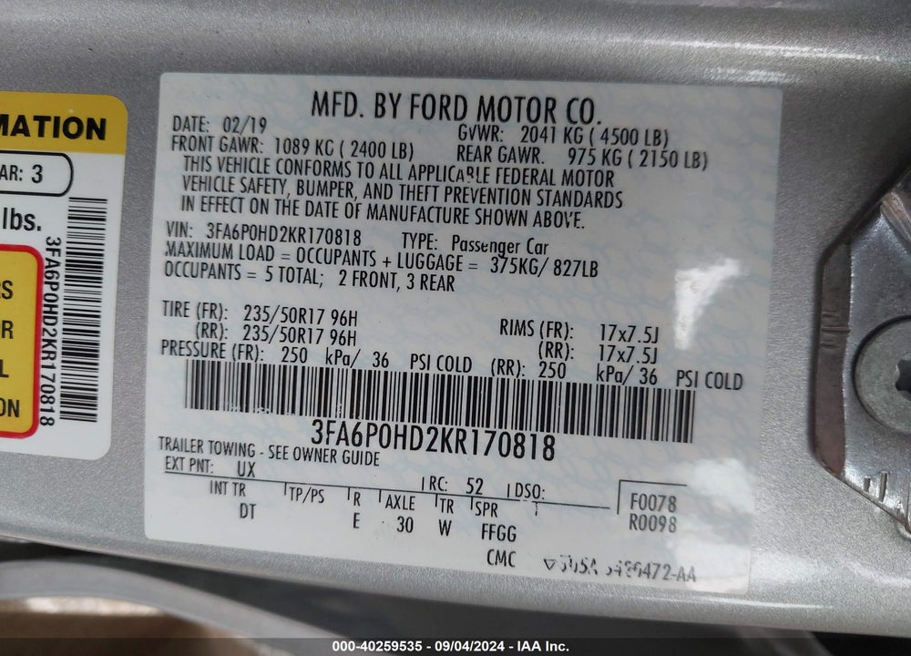 2019 FORD FUSION SE VIN: 3FA6P0HD2KR170818