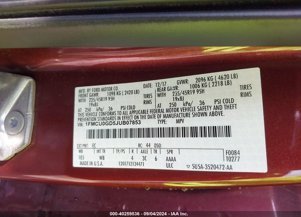 2018 FORD ESCAPE SE VIN: 1FMCU0GD5JUB07853