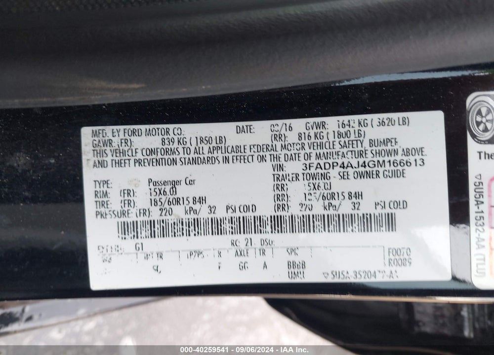 2016 FORD FIESTA S VIN: 3FADP4AJ4GM166613