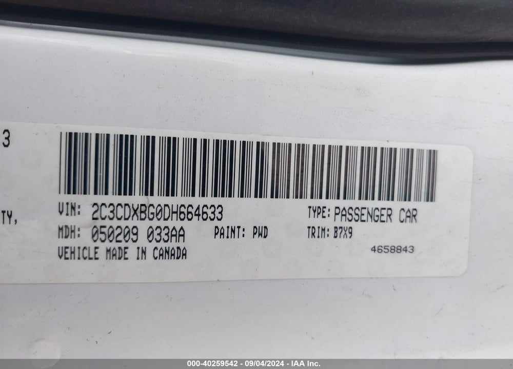 2013 DODGE CHARGER SE VIN: 2C3CDXBG0DH664633