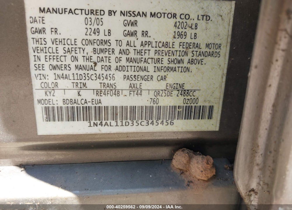 2005 NISSAN ALTIMA 2.5 S VIN: 1N4AL11D35C345456