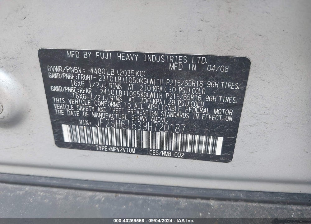 2009 SUBARU FORESTER 2.5X VIN: JF2SH61639H720187