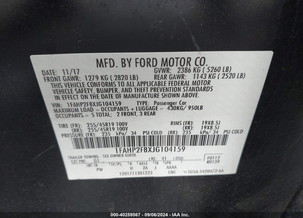2018 FORD TAURUS LIMITED VIN: 1FAHP2F8XJG104159