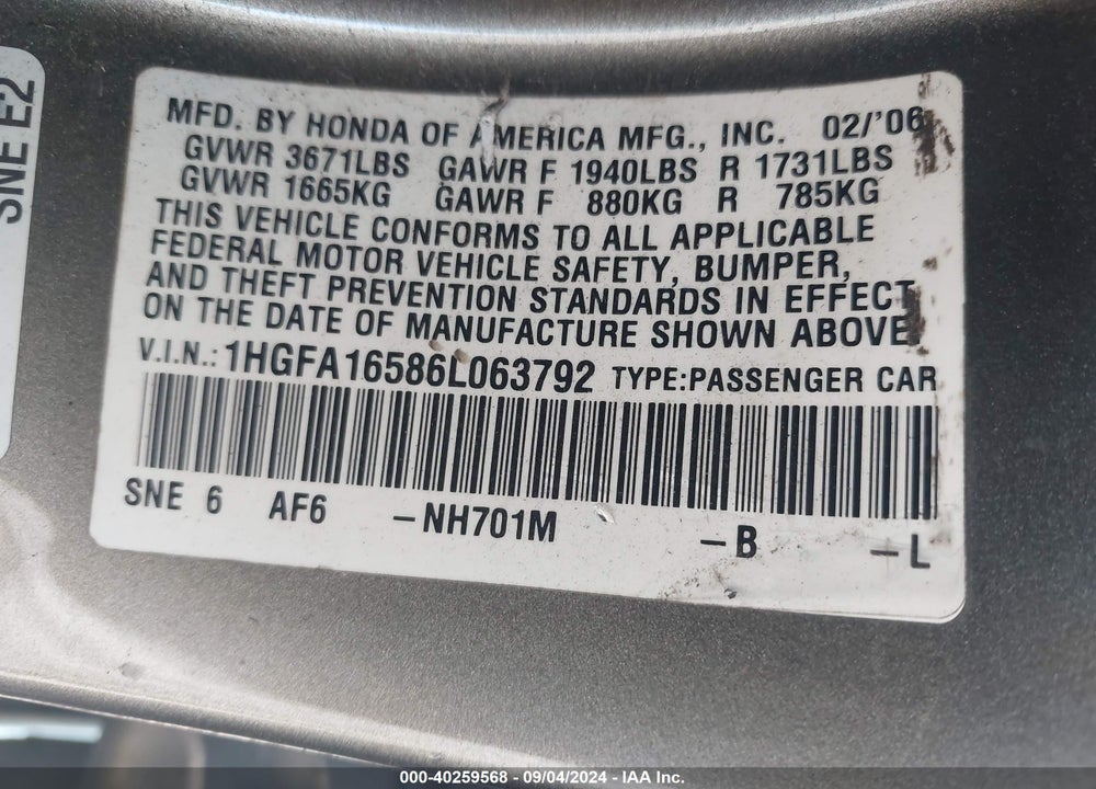 2006 HONDA CIVIC VIN: 1HGFA16586L063792