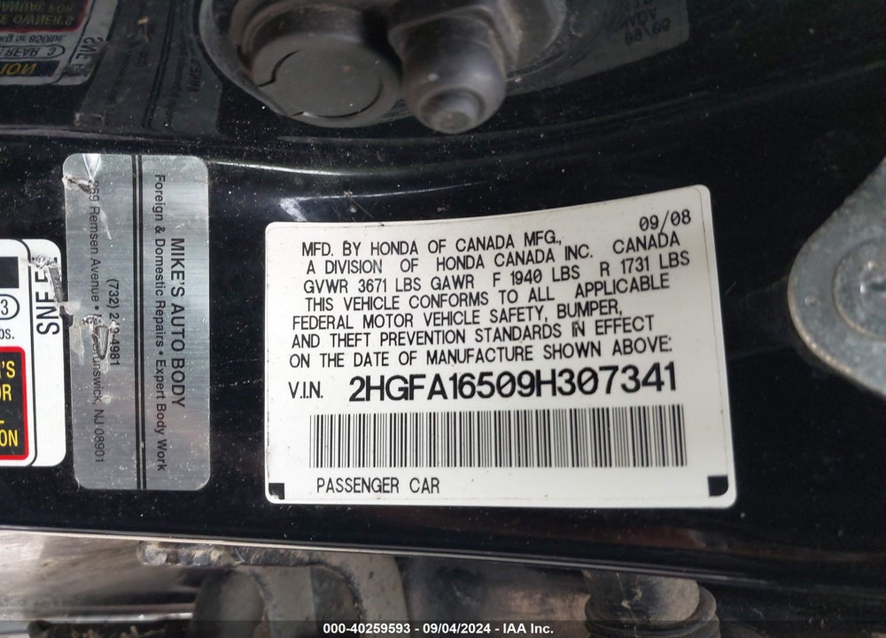 2009 HONDA CIVIC LX VIN: 2HGFA16509H307341