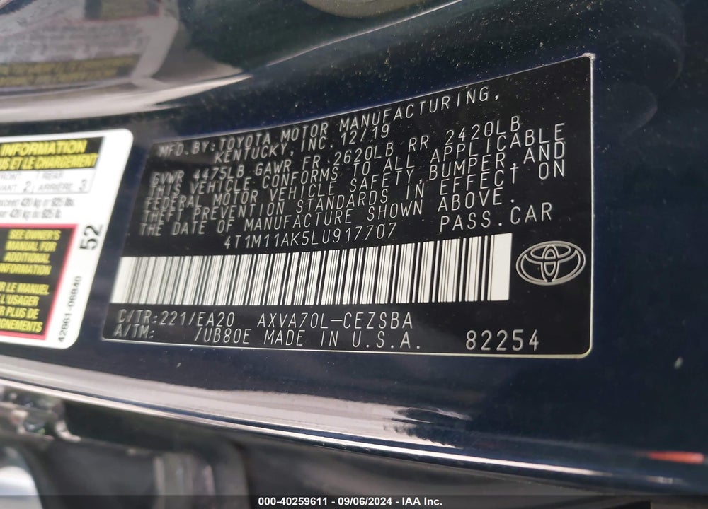 2020 TOYOTA CAMRY SE VIN: 4T1M11AK5LU917707