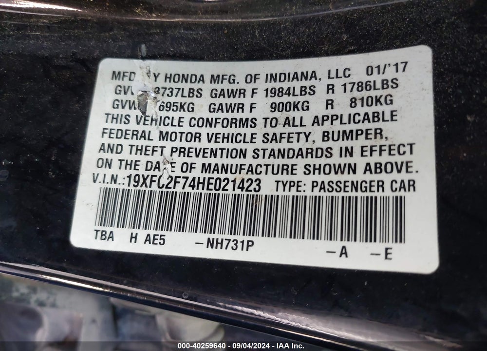 2017 HONDA CIVIC EX VIN: 19XFC2F74HE021423
