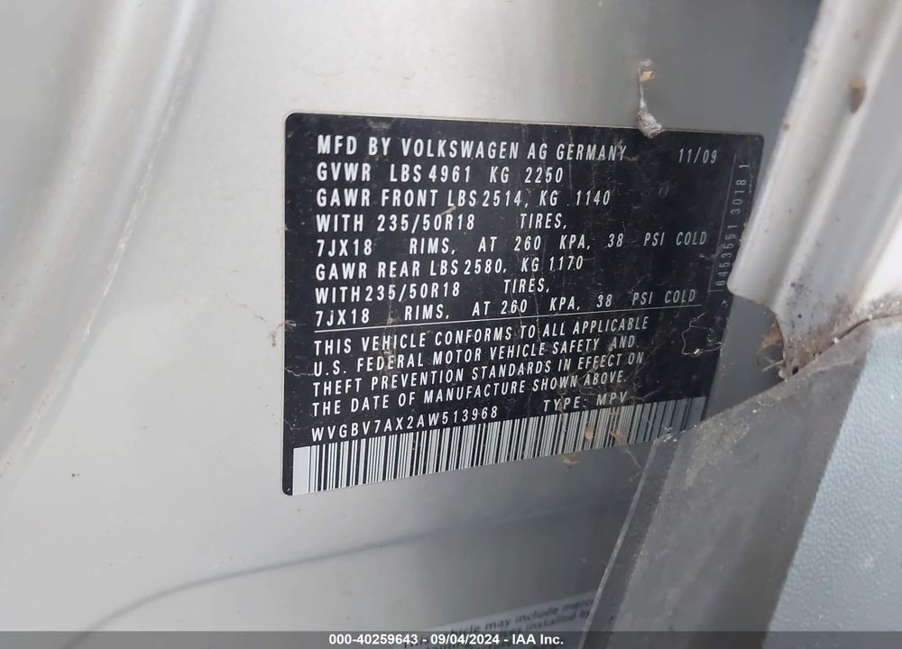 2010 VOLKSWAGEN TIGUAN SEL VIN: WVGBV7AX2AW513968