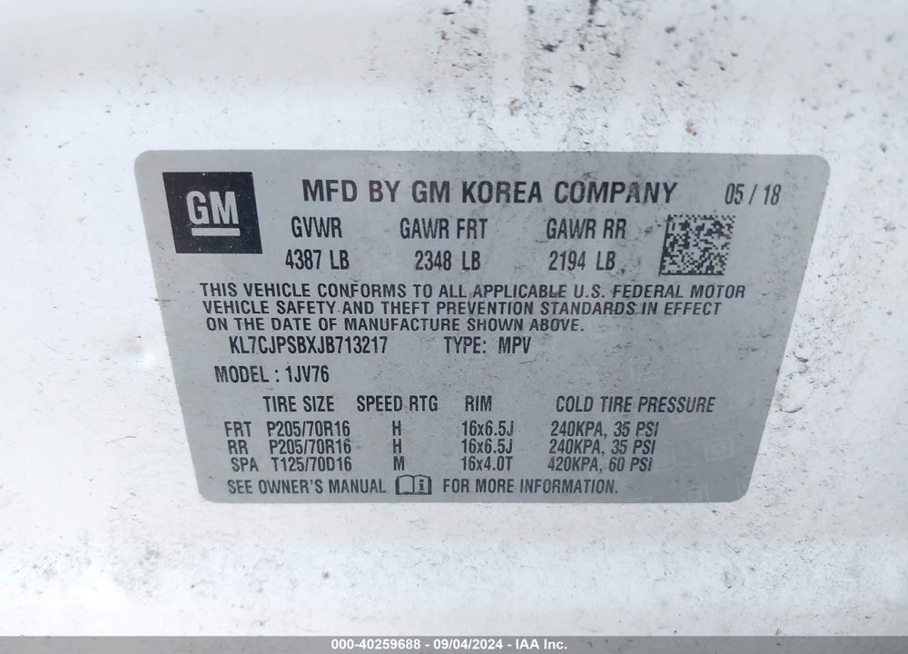 2018 CHEVROLET TRAX LT VIN: KL7CJPSBXJB713217