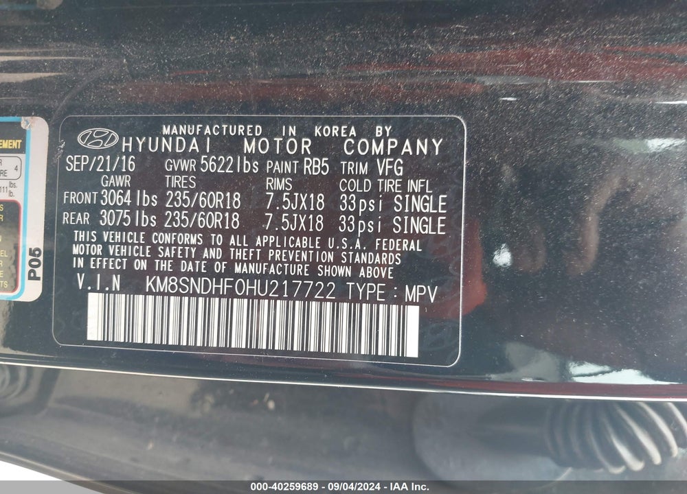 2017 HYUNDAI SANTA FE VIN: KM8SNDHF0HU217722