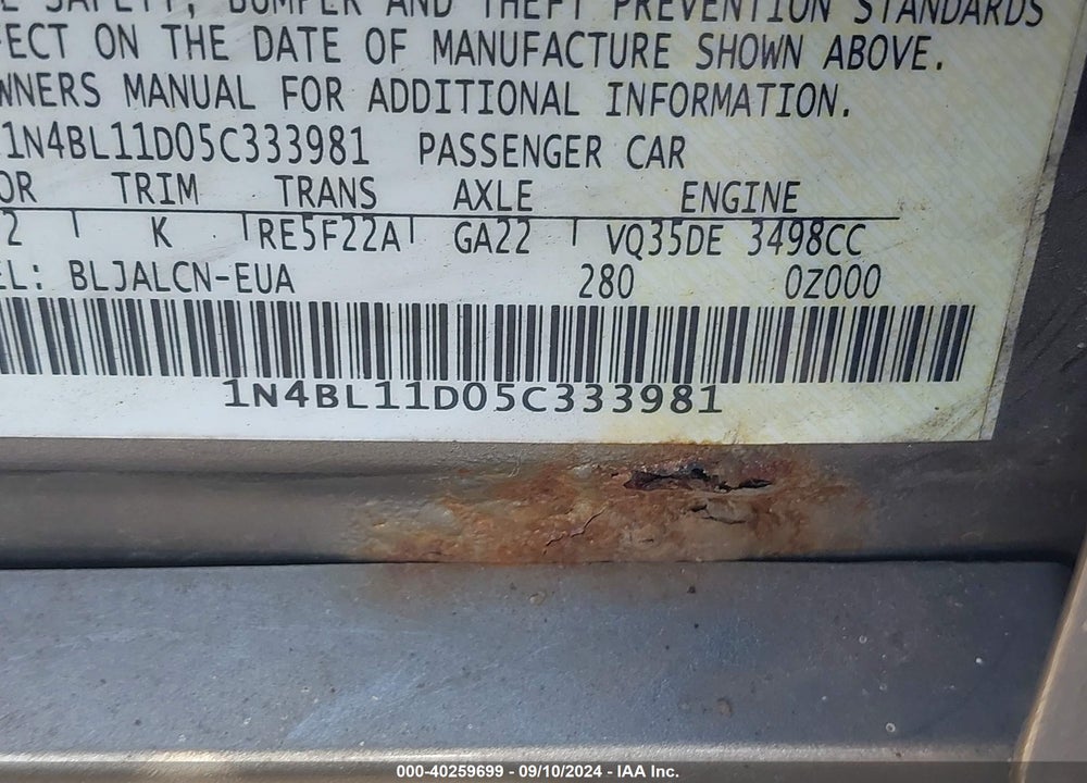 2005 NISSAN ALTIMA 3.5 SE VIN: 1N4BL11D05C333981