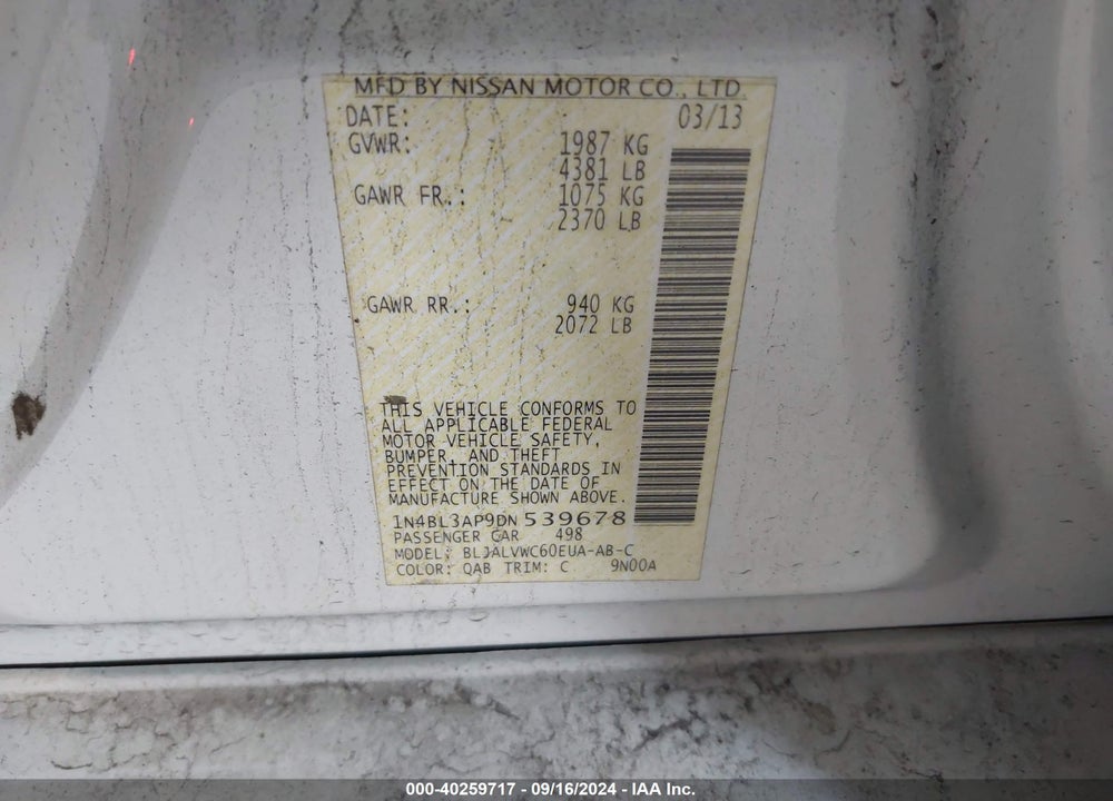 2013 NISSAN ALTIMA 3.5 SL VIN: 1N4BL3AP9DN539678