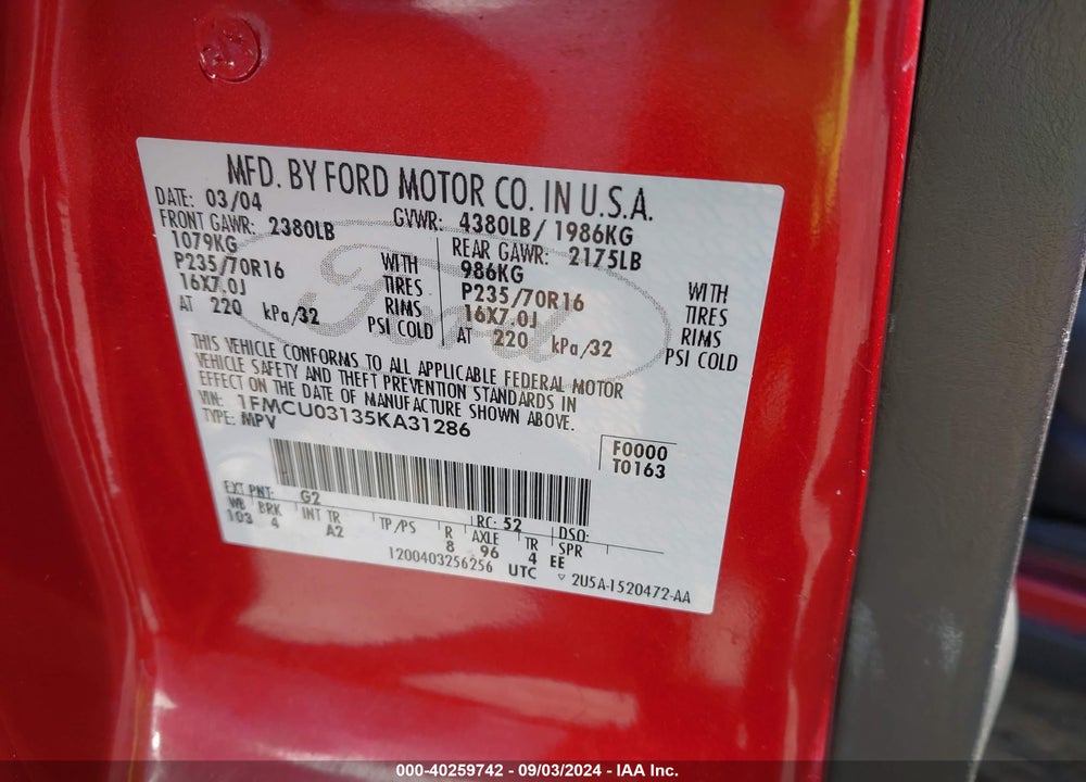 2005 FORD ESCAPE XLT VIN: 1FMCU03135KA31286