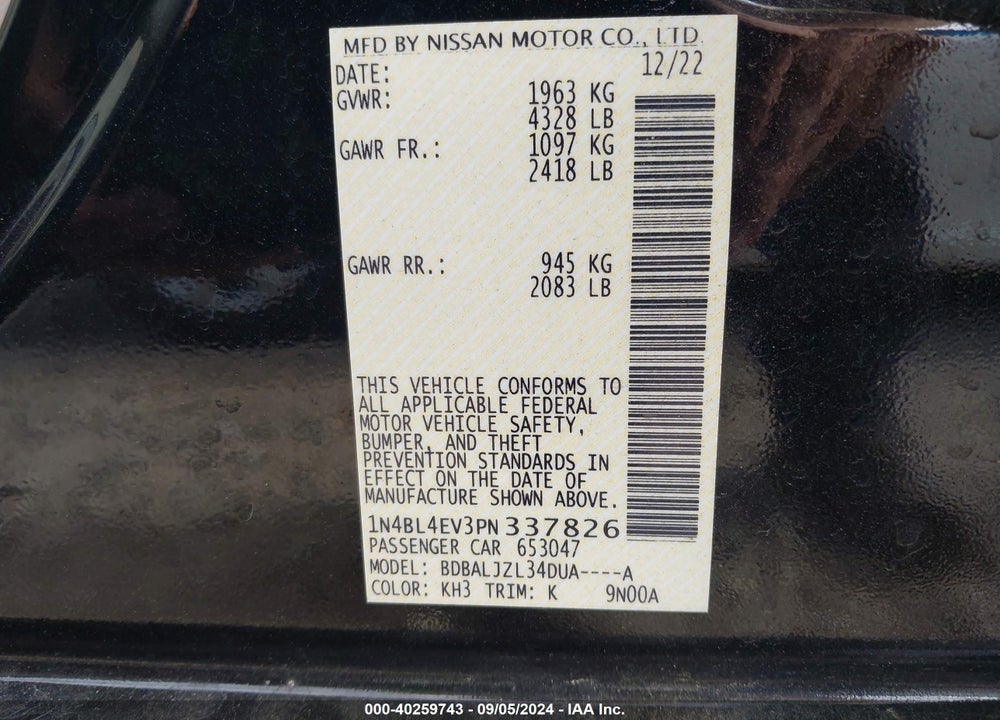 2023 NISSAN ALTIMA SL FWD VIN: 1N4BL4EV3PN337826
