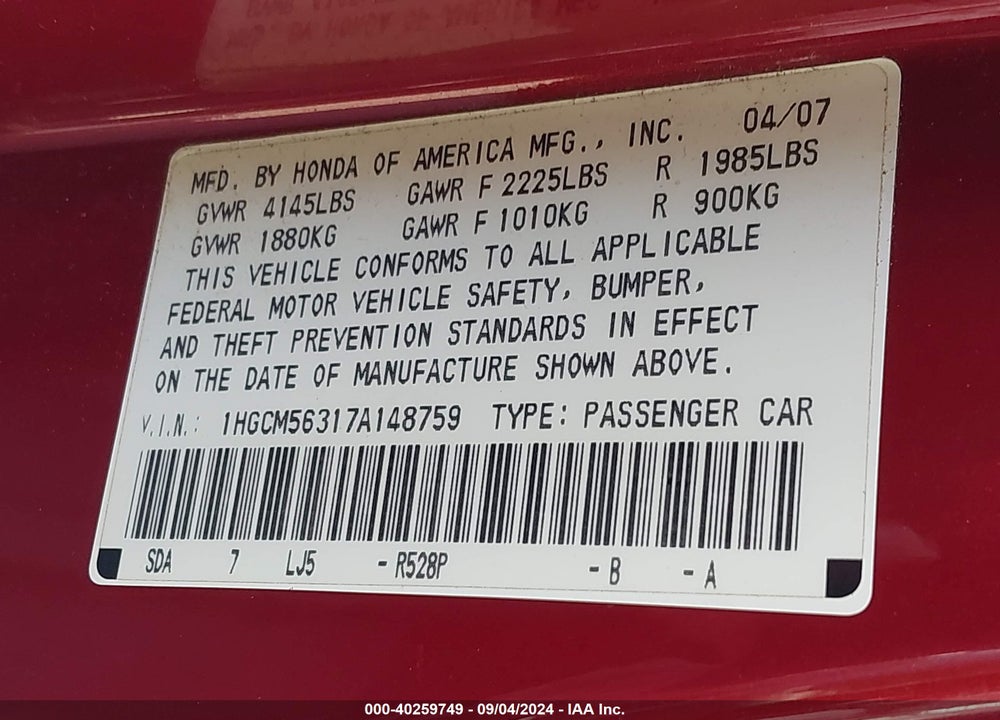 2007 HONDA ACCORD VIN: 1HGCM56317A148759