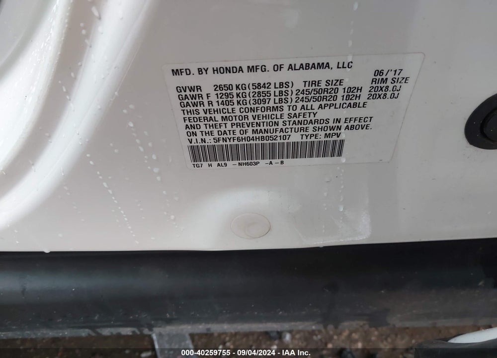 2017 HONDA PILOT ELITE VIN: 5FNYF6H04HB052107
