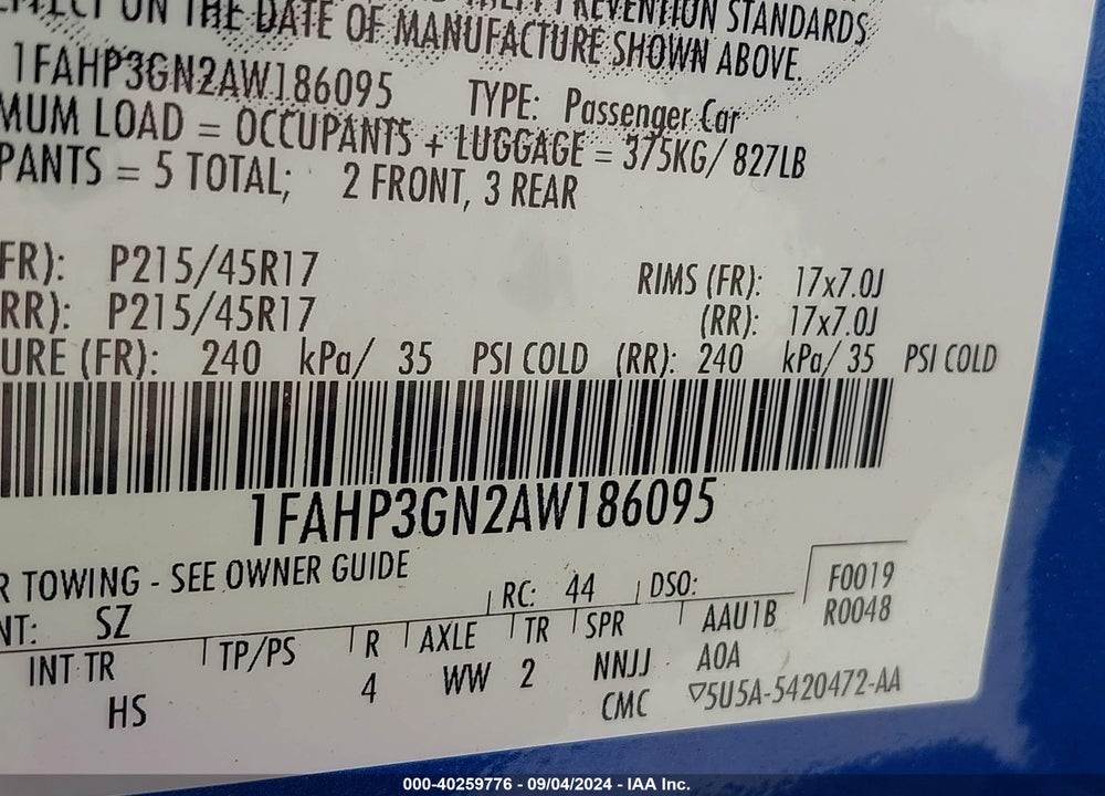 2010 FORD FOCUS SES VIN: 1FAHP3GN2AW186095
