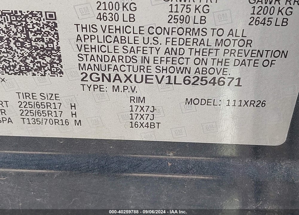 2020 CHEVROLET EQUINOX AWD LT 1.5L TURBO VIN: 2GNAXUEV1L6254671