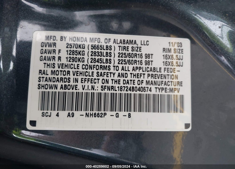 2004 HONDA ODYSSEY VIN: 5FNRL18724B040674