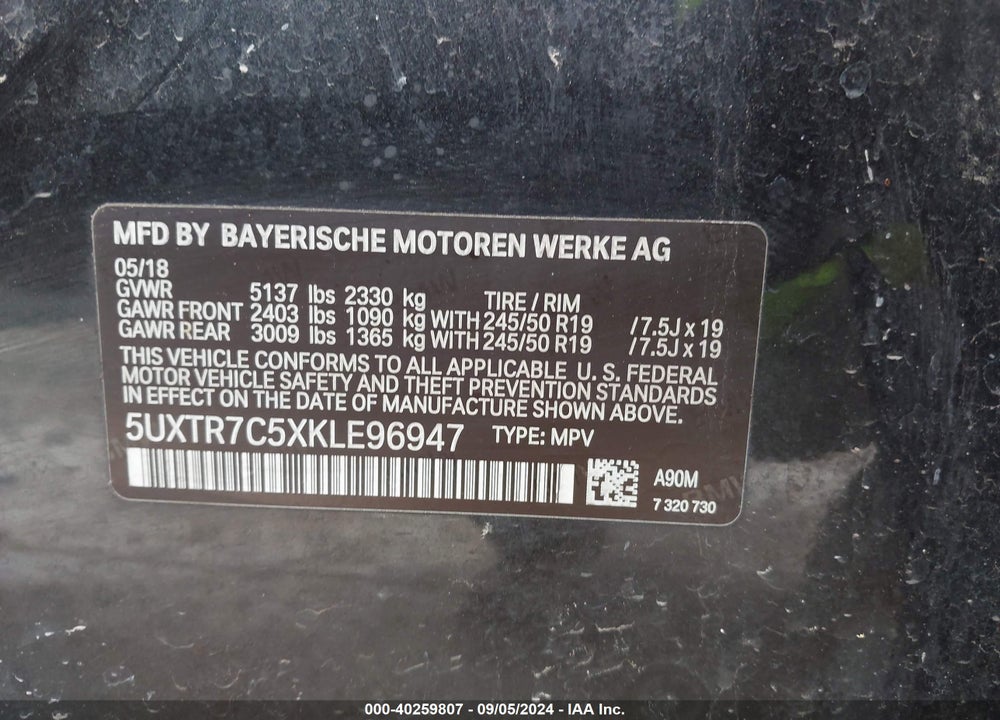 2019 BMW X3 SDRIVE30I VIN: 5UXTR7C5XKLE96947