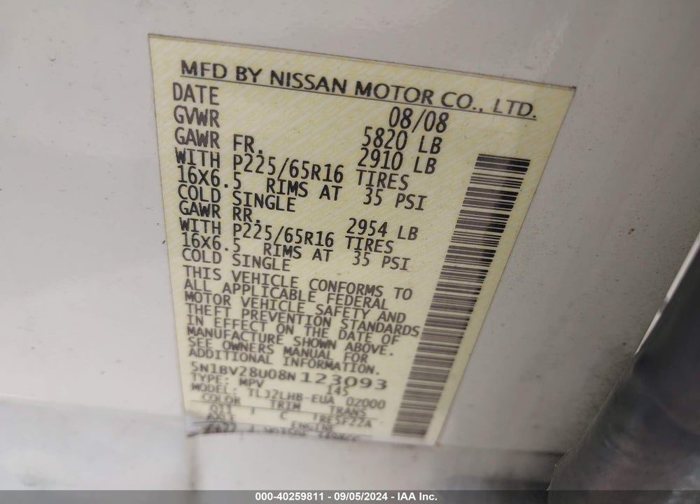 2008 NISSAN QUEST 3.5 S VIN: 5N1BV28U08N123093