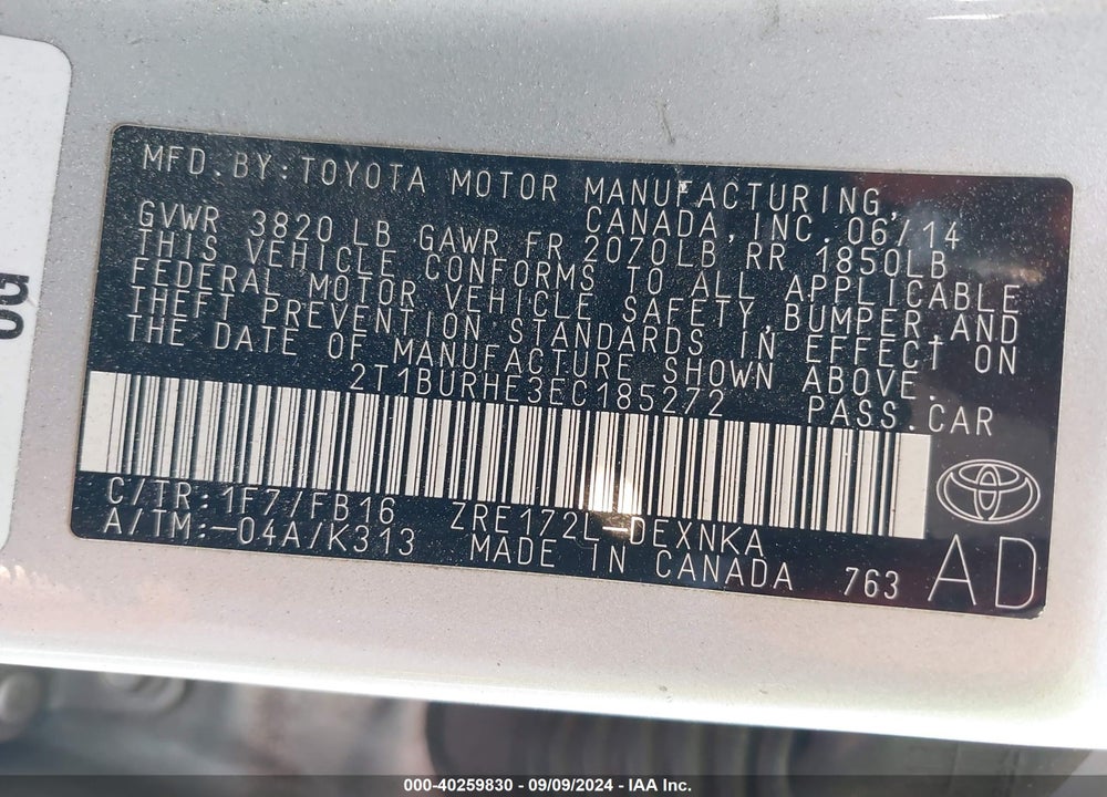 2014 TOYOTA COROLLA LE VIN: 2T1BURHE3EC185272
