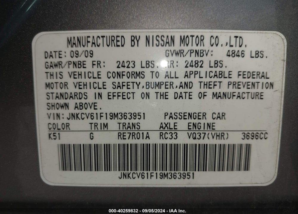 2009 INFINITI G37X VIN: JNKCV61F19M363951