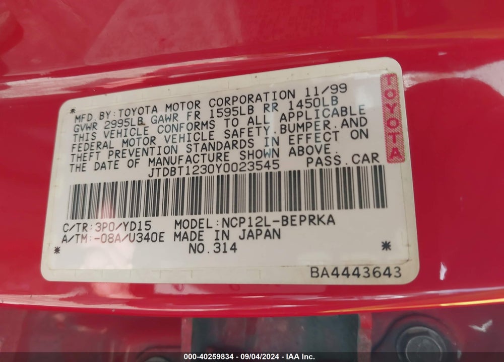 2000 TOYOTA ECHO VIN: JTDBT1230Y0023545