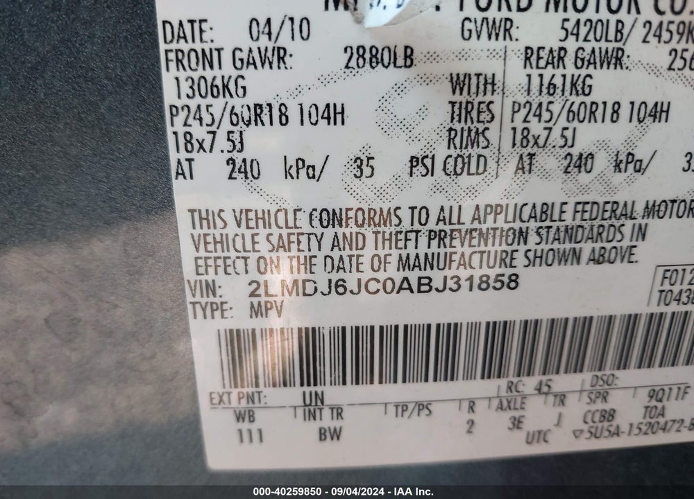 2010 LINCOLN MKX VIN: 2LMDJ6JC0ABJ31858
