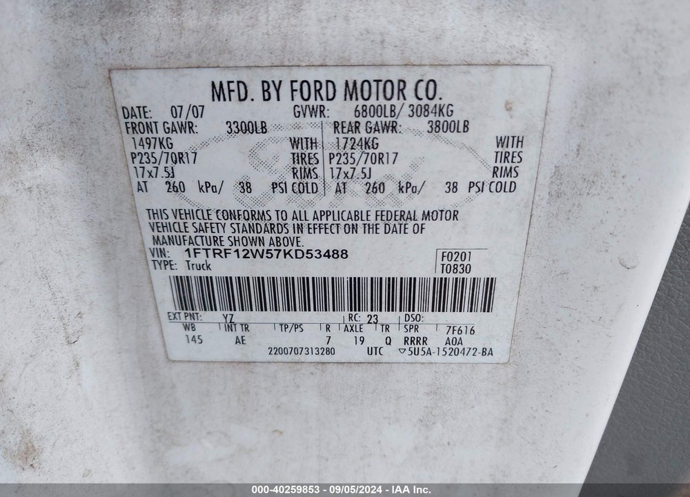 2007 FORD F-150 VIN: 1FTRF12W57KD53488